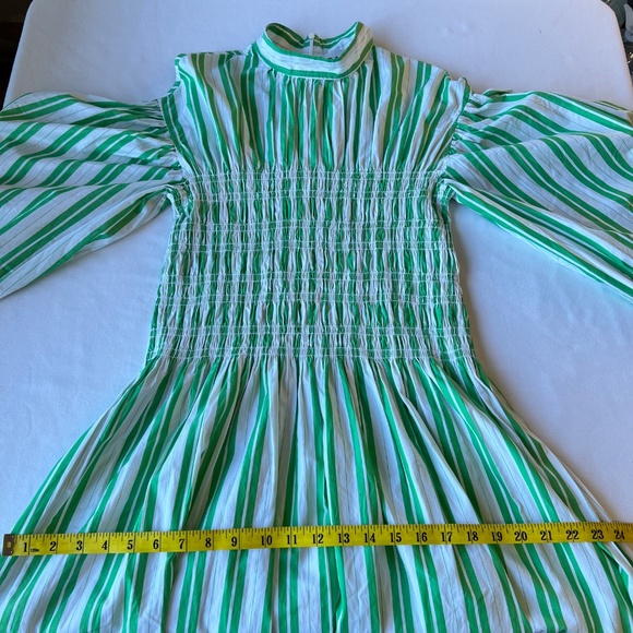 Ganni Balloon Sleeve Striped Cotton Dress with smocked middle - Picture 9 of 14